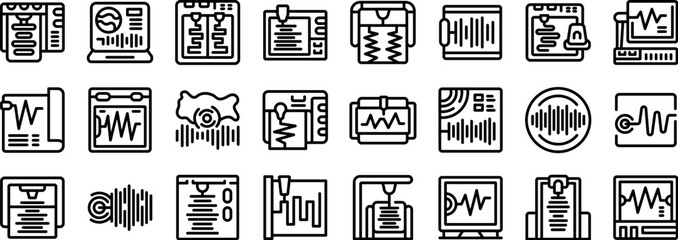 Seismograph icons set. This set of icons shows polygraph tests being administered and the results being analyzed