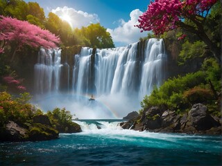 A breathtaking scenic waterfall accompanied by a vibrant rainbow and a small boat at sunset