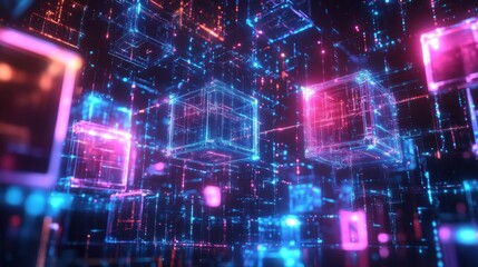 Fototapeta premium Abstract glowing cubes connected by lines, forming a digital network.