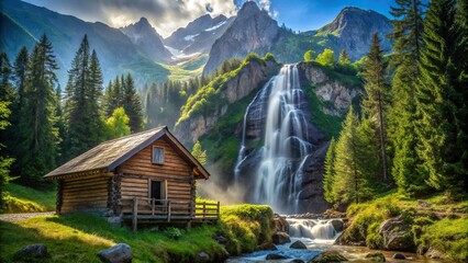 mountain hut in the forest with waterfall and peak in background