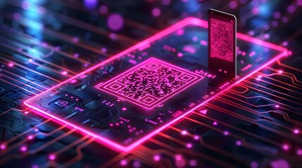 Digital Connection: QR Code Card with Neon Technology Background