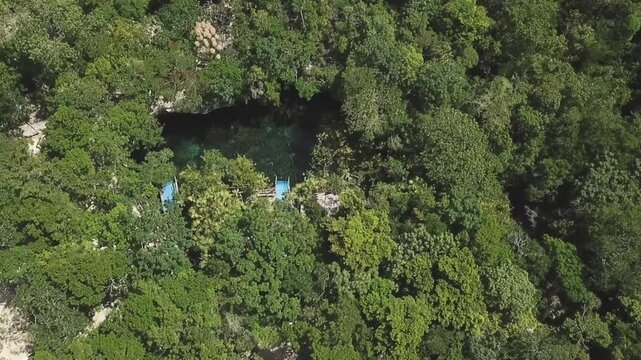 Orbit Aerial view of Cenote Nicte Ha in Dos Ojos Park, Tulum, Mexican Caribbean