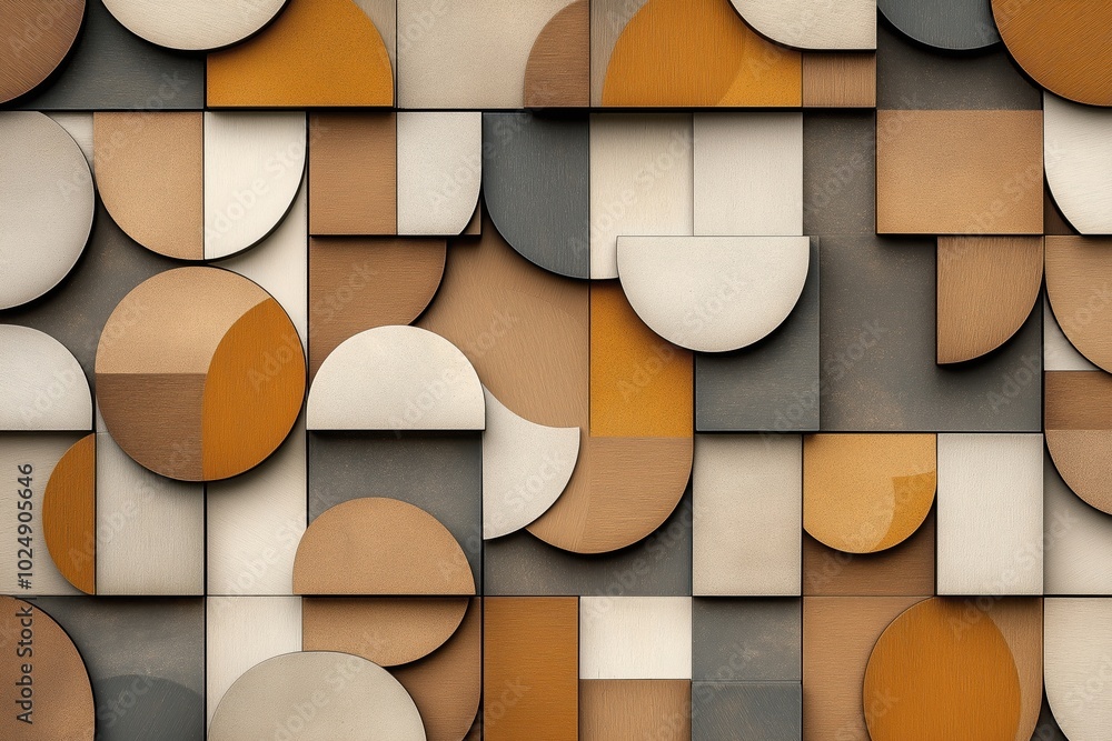 Wall mural Abstract geometric background with overlapping wooden shapes in various earthy tones, including circles, semi-circles, and rectangles creating a 3D effect.