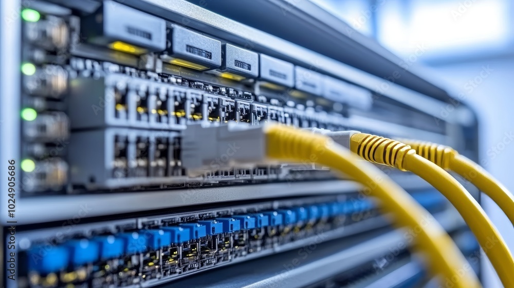 Poster close-up of network switch and cables in data center, network infrastructure technology