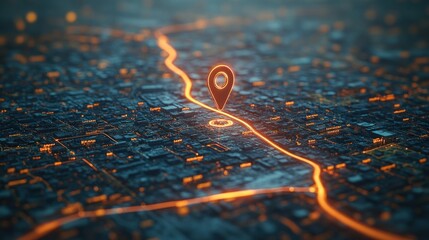 A digital map view with a location pin and illuminated pathways.