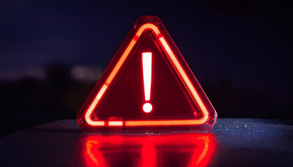 Glowing neon red triangle sign with exclamation point on dark. Warning indicator. Alert signal.