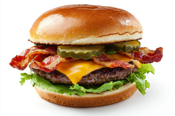 Delicious cheeseburger with bacon, pickles, and lettuce on soft bun, perfect for satisfying cravings. This mouthwatering burger is classic favorite!