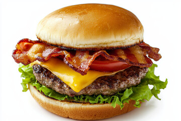 Delicious bacon cheeseburger with crispy bacon, melted cheese, fresh lettuce, and tomato, served on soft bun, perfect for satisfying meal