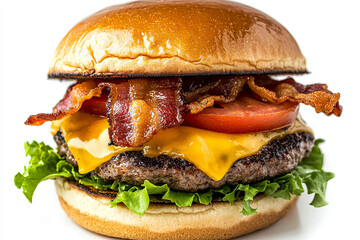 delicious burger featuring juicy beef patty, melted cheddar cheese, crispy bacon, fresh tomato, and lettuce, all nestled in soft, golden bun