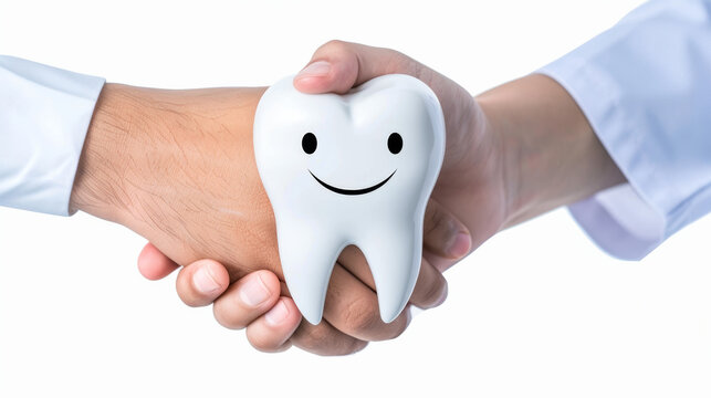 patient shaking hands with dentist a cheerful tooth, representing partnership in promoting dental health and hygiene