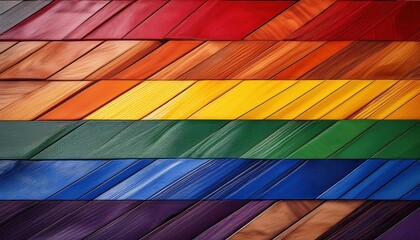 Colorful Stacked Wooden Panels in a Rainbow Gradient Representing the LGBTQ Pride Flag. Vibrant Multicolored Timber for Inclusive Interior Design, Artistic Installations, and Modern Decorative Concept