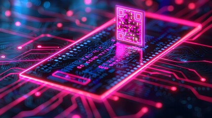 Digital Connection: QR Code Card with Neon Technology Background