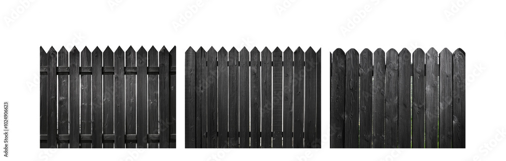 Poster black wooden fence with pointed tops, some sections are missing.