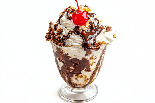 Indulge in delicious dessert featuring rich chocolate fudge sundae topped with whipped cream, crunchy bits, and bright cherry. Perfect for satisfying your sweet cravings!