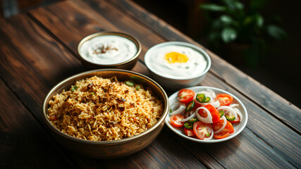 A rustic wooden table with a serving of biryani in a brass dish, raita drizzled with cumin, and a fresh salad of onions, tomatoes, and green chilies on a side plate