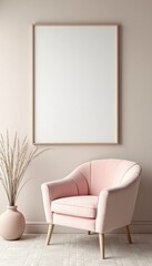 Minimalistic interrior desighn with pink chair and blank canvas mockup on a wall. A 3D render of a minimalist living room with a pink velvet chair and a large square picture frame on a wall