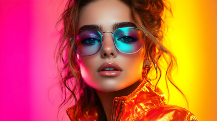 A stylish person with colorful sunglasses against a vibrant backdrop.