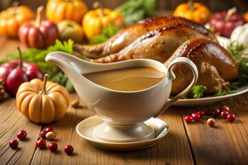 Gravy boat with rich brown gravy and turkey thanksgiving meal setting