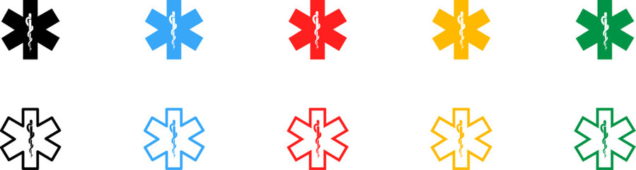 Vector isolated medical signs icons with snake. Medical star symbols. Medical emergency symbol.