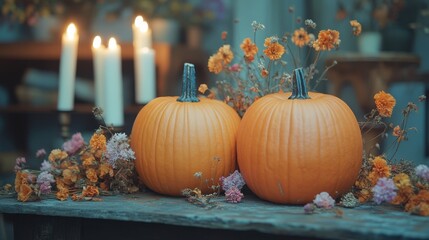 Subtle Halloween home decor with pumpkins and dried flowers, soft lighting, cozy autumn atmosphere