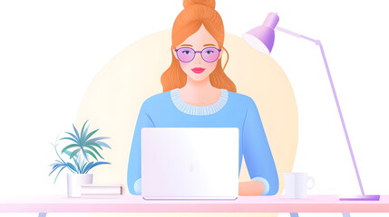 Obraz premium Work from homer: A minimalist illustration of two women focused on their laptops, showcasing collaboration, communication, and teamwork in a modern office setting. 