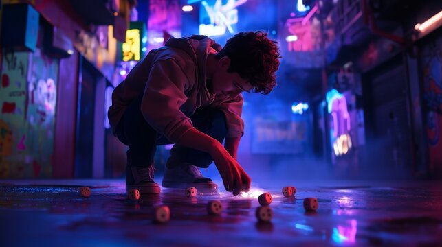 A teenager crouches in a vibrant alley at night, focused on rolling dice among colorful neon lights and graffiti