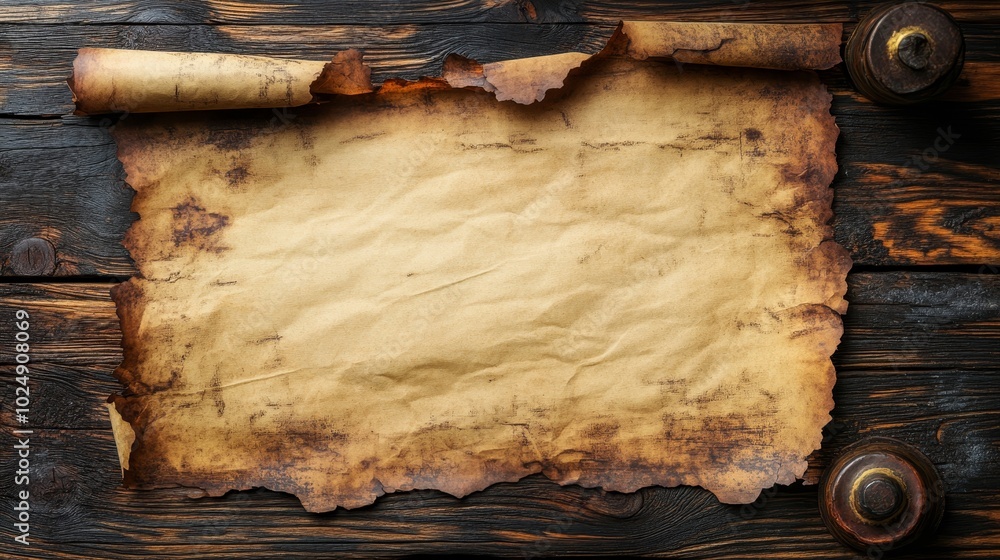 Poster old treasure map on wooden background. ancient parchment with space for text or image.
