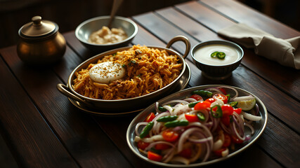 A rustic wooden table with a serving of biryani in a brass dish, raita drizzled with cumin, and a fresh salad of onions, tomatoes, and green chilies on a side plate