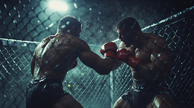 Two muscular fighters boxing in an intense rain-soaked MMA cage match