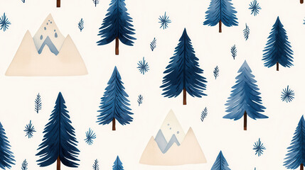 Obraz premium Pattern of blue trees and mountains on a white background.