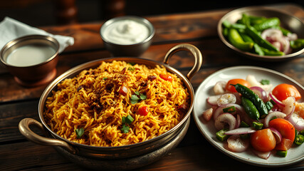 A rustic wooden table with a serving of biryani in a brass dish, raita drizzled with cumin, and a fresh salad of onions, tomatoes, and green chilies on a side plate