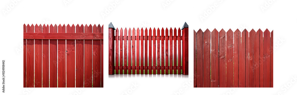 Poster red wooden fence with pointed top rails against a white background.