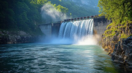 Fototapeta premium Serene Waterfall Cascading into Tranquil River