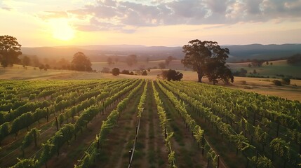 Vineyard Landscape at Sunset Showcasing Rows of Grapevines in a Serene Countryside Setting
