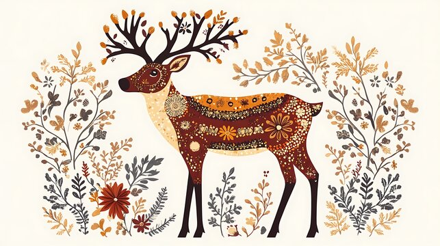 Fototapeta Folk art-inspired vector of a stylized reindeer, filled with floral and nature patterns, warm color palette of red, brown, and yellow, minimalistic composition with clean lines, symmetrical design,