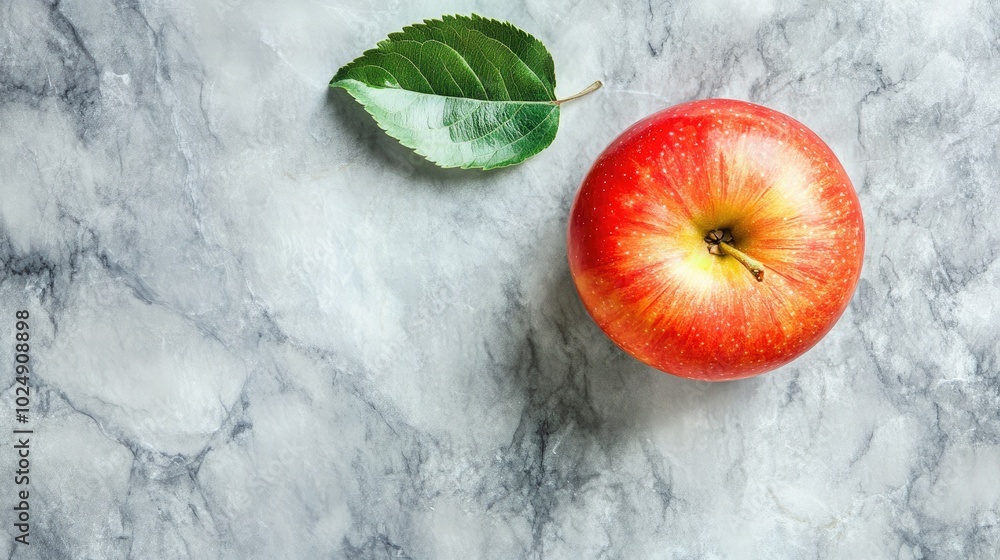 Poster fresh apple with a leaf, viewed from above on a smooth marble surface, with ample copy space for tex