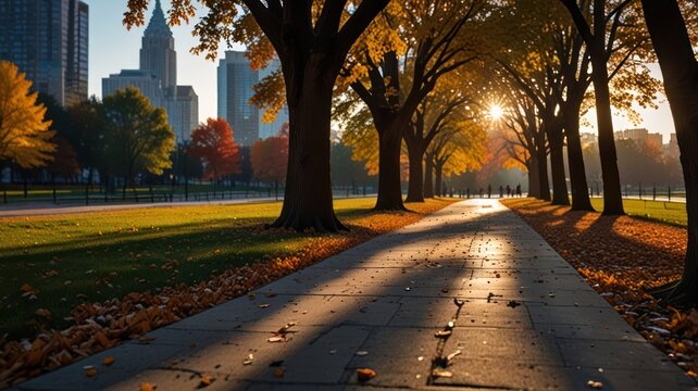 A paved pathway lined with trees in autumn foliage, leading towards a cityscape with the sun shining through the branches.