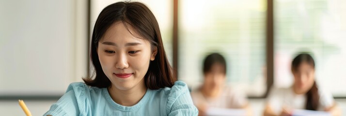 Student concentrating in classroom, writing notes with focus and determination, with classmates in background. Education and learning concept.