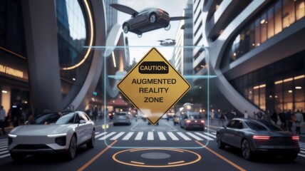 A futuristic urban scene featuring advanced vehicles and a caution sign for an augmented reality zone, highlighting the integration of technology in transportation
