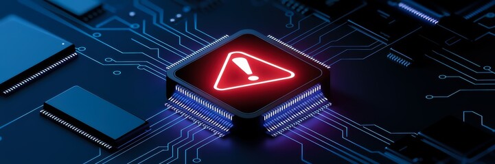 A digital circuit board featuring a central processing unit with a red warning symbol, indicating a potential issue in a technological environment