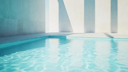 Fototapeta premium Minimalist swimming pool design with light blue water and clean lines. No people, plenty of copy space