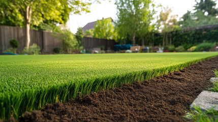 Close-up of a newly installed grass lawn with a neat soil border in a landscaped garden, surrounded by greenery and trees.
