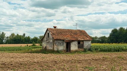 Obraz premium A weathered, abandoned house stands in a field of crops under a cloudy sky.