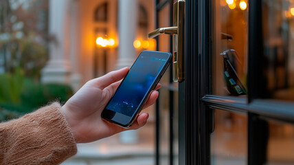 Hand Holding Smartphone Near Door Lock with Smart Access