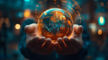 Fototapeta premium A pair of hands holds a glowing, digital globe, symbolizing technology, connectivity, and global awareness in a vibrant, futuristic setting