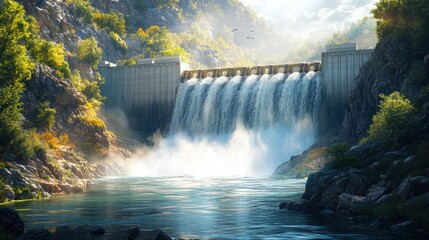 Majestic Waterfall at a Hydroelectric Dam in Nature
