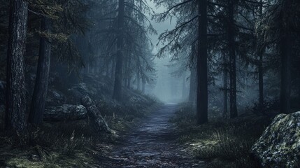 Obraz premium A misty path winds through a dense, dark forest, with tall trees lining the sides and rocks scattered along the way.