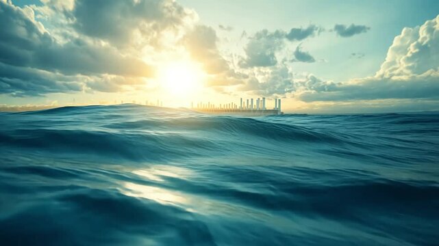 A serene seascape with deep blue water, a hazy skyline, and fluffy clouds in the sky.  The sun peeks through the clouds, casting a golden glow on the scene.