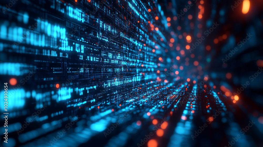 Poster dynamic representation of digital data flow in vibrant colors during a futuristic night scene