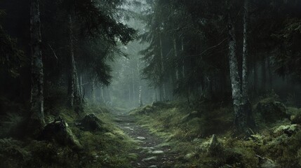 Obraz premium A misty path winds through a dense forest, leading the viewer into an unknown realm. The trees are tall and shrouded in fog, creating an eerie and mysterious atmosphere.